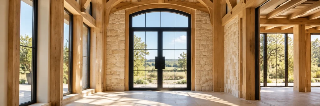A tall arched charcoal glazed door in an unfinished timber-framed country home