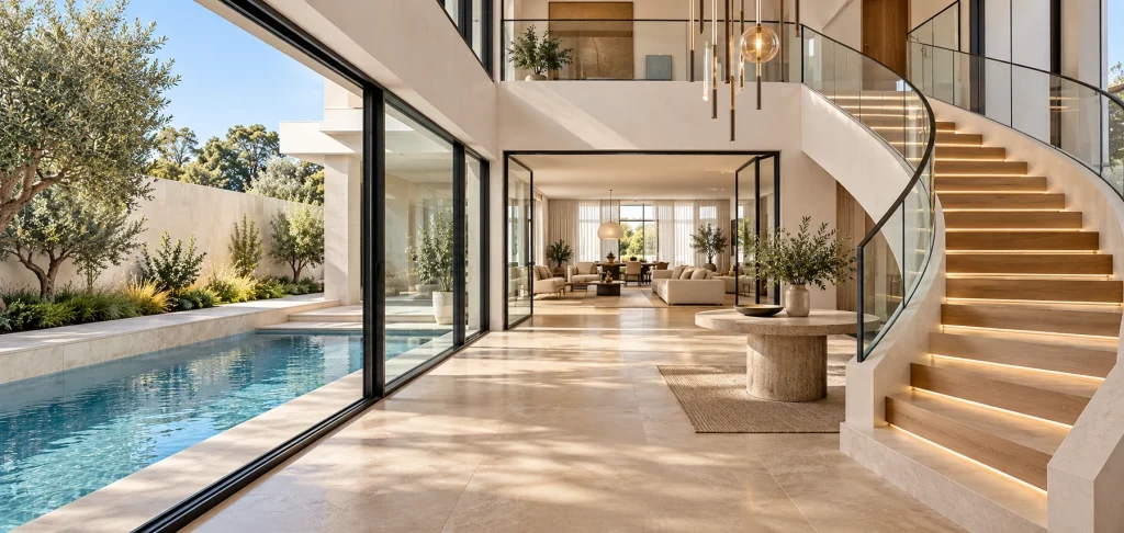 A curved staircase and tall glazed living area overlooking a quiet courtyard pool