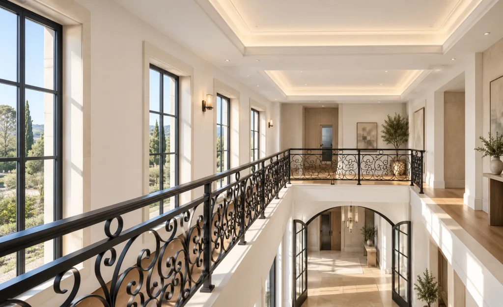 Upper landing inside a bright two-storey villa, slim dark balustrade, tall divided-light aluminium windows, warm stone and natural wood