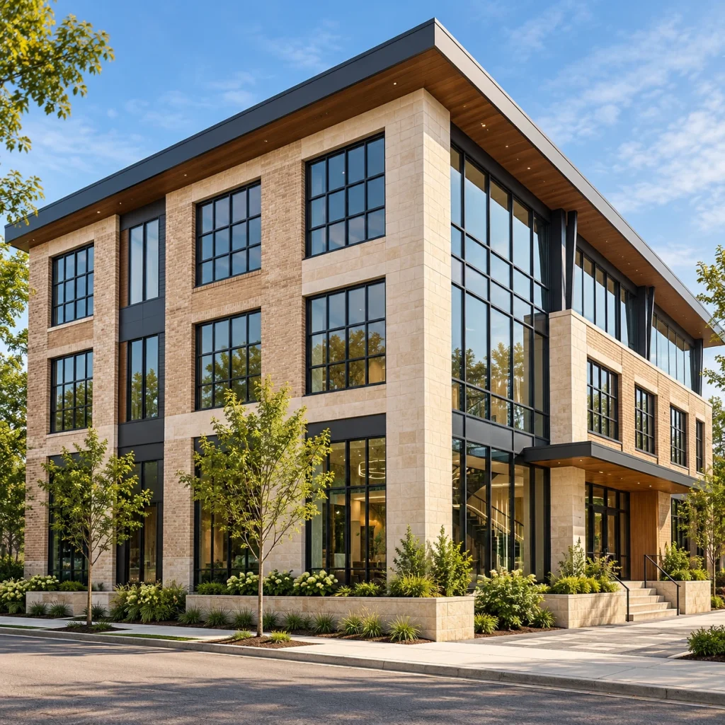 Three-storey brick commercial corner building with tall black-grid windows