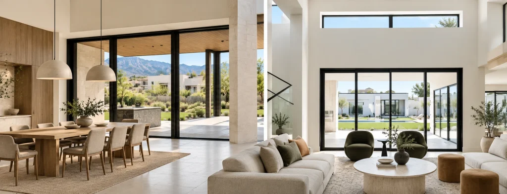 A spacious contemporary dining and living area with high ceilings, charcoal aluminium windows and an open garden connection