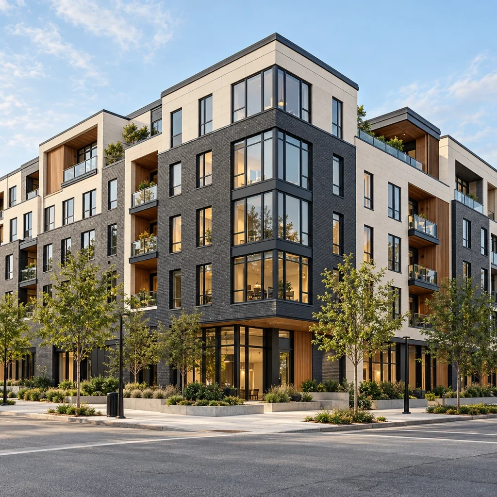 Urban mixed-use apartment buildings on a street corner