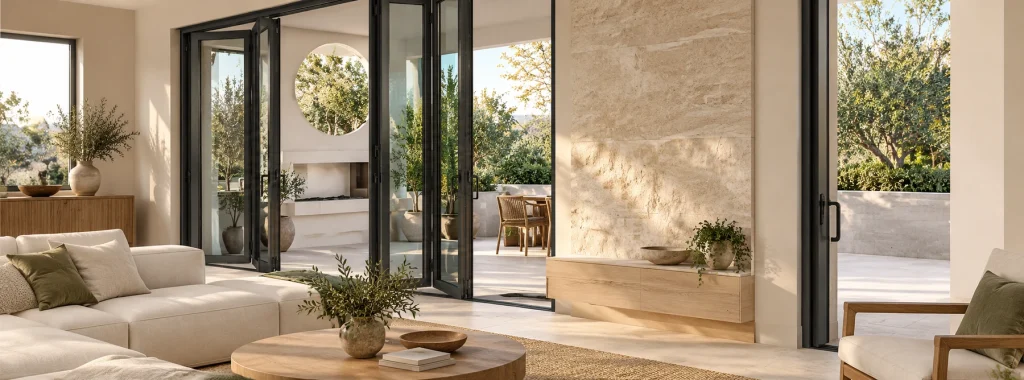 A calm modern living room opening through dark-framed folding glass doors to a small terrace, with a pale stone accent wall and natural timber furniture