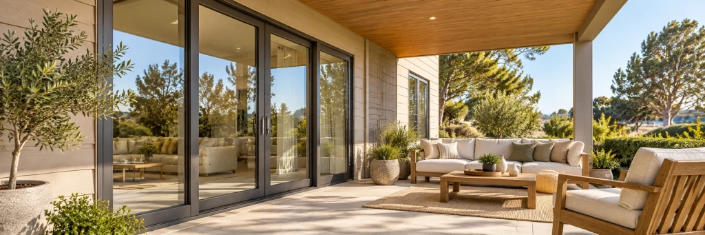 A shaded covered porch with white and charcoal sliding patio doors, warm horizontal cladding and planted garden
