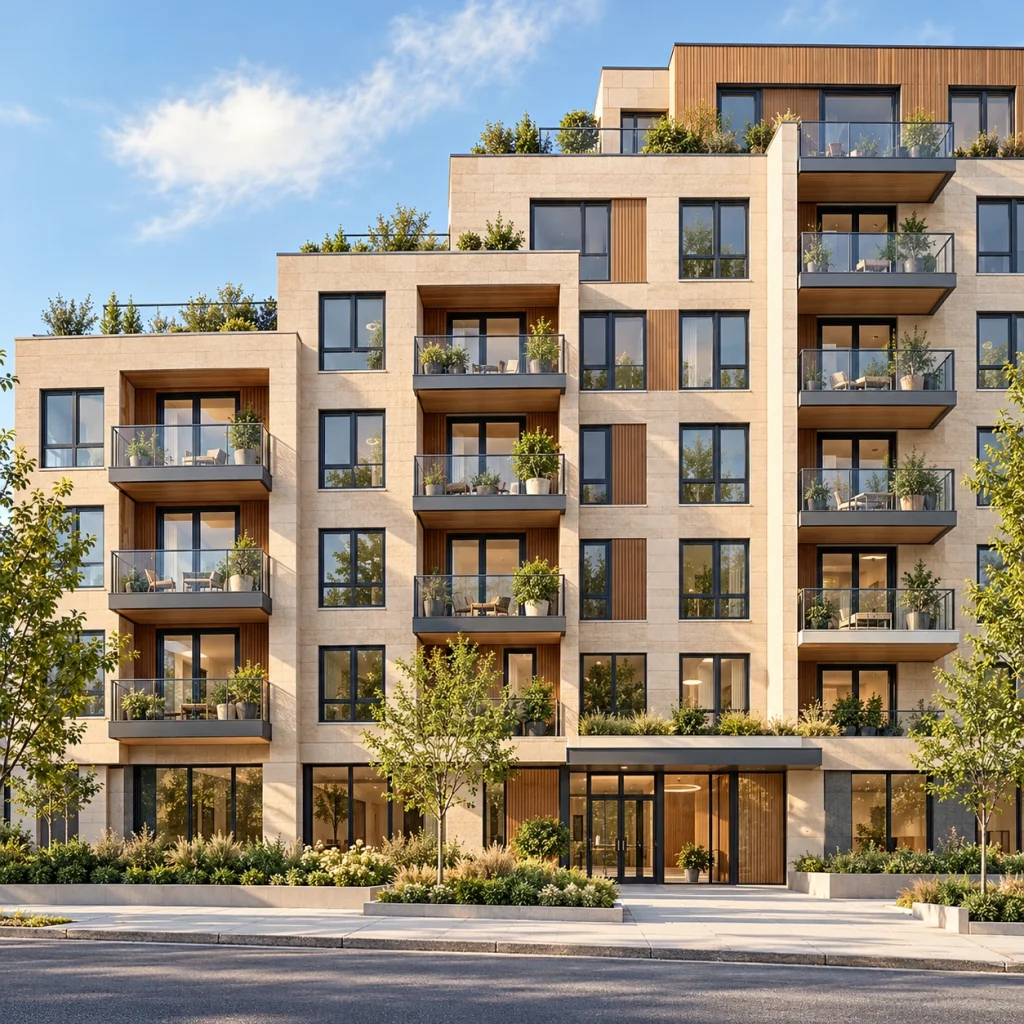 Warm ochre-brick apartment building with staggered volumes and balconies