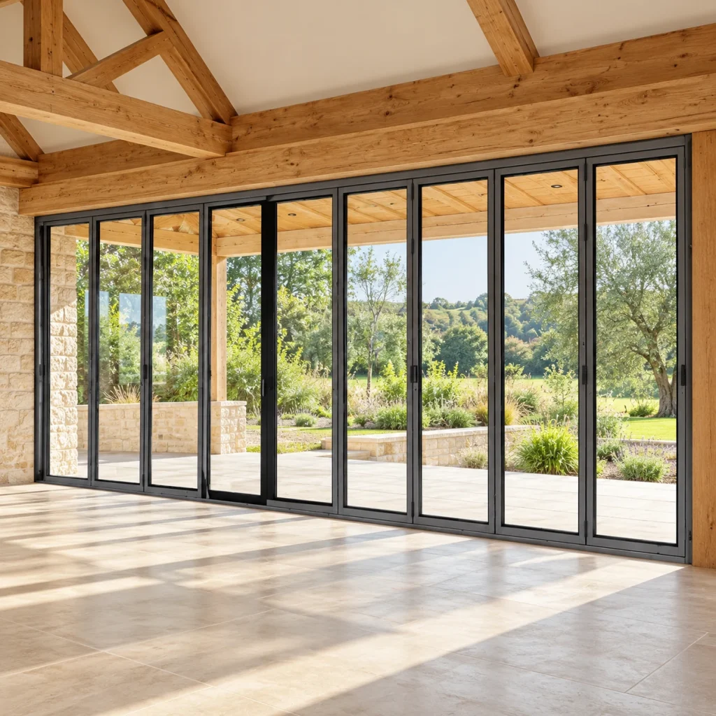 Interior of a timber-frame room under construction with a long bank of dark folding glass doors