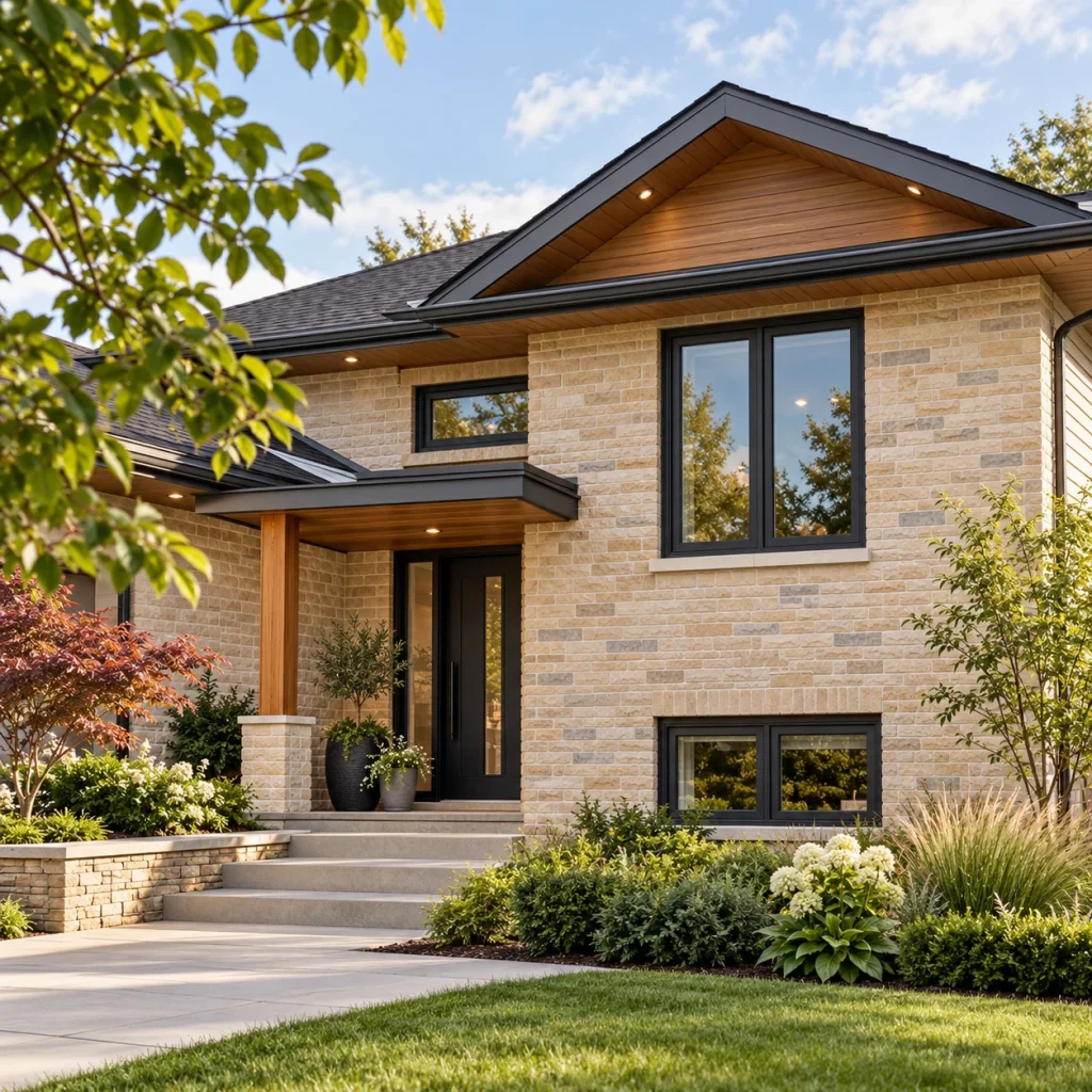 Warm brick suburban residence with dark framed windows
