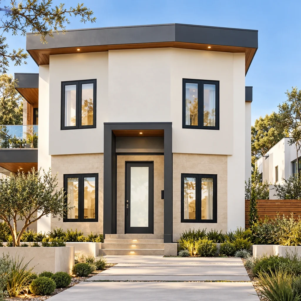 Compact white two-storey cube home with dark aluminium windows