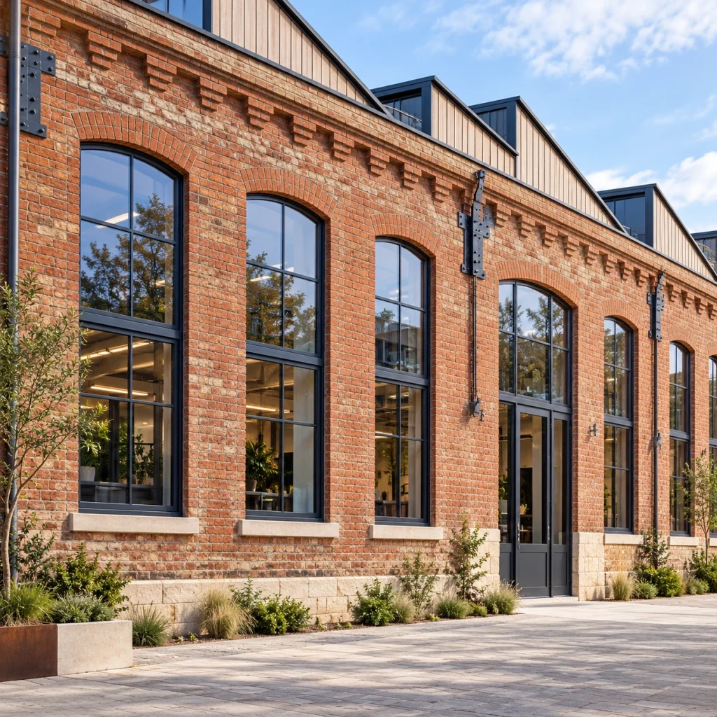 Historic red-brick industrial facade converted into workspaces