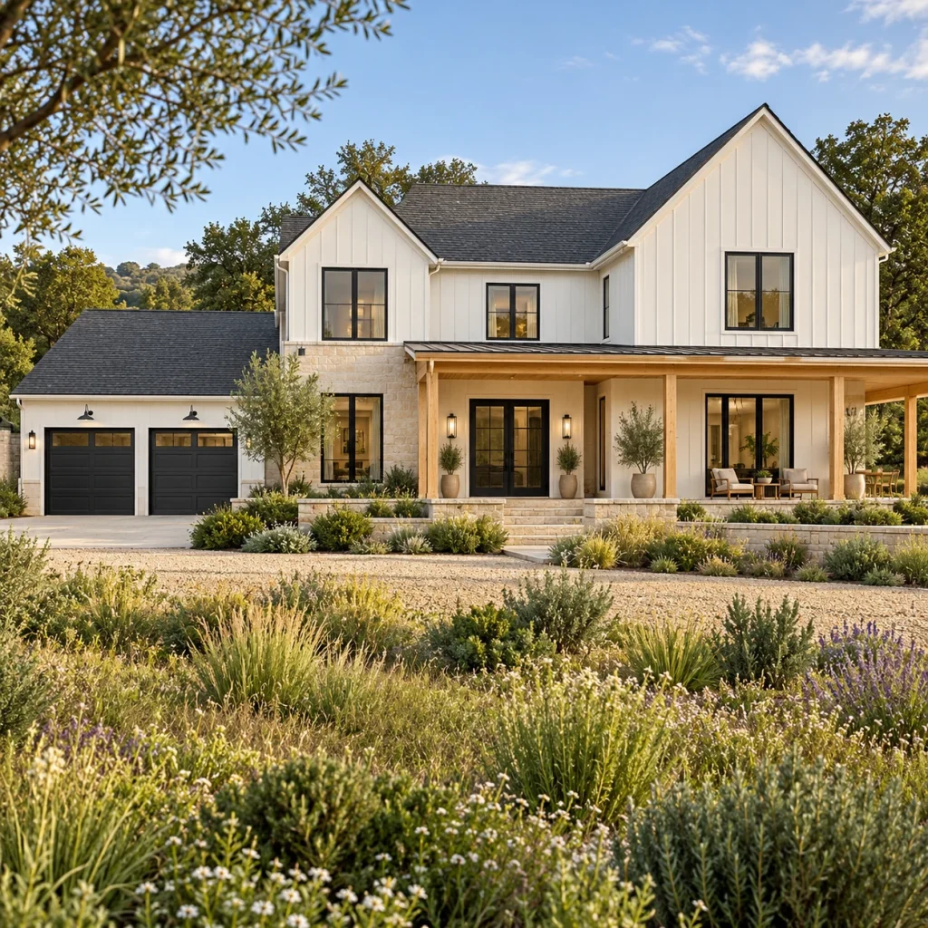 Modern farmhouse with white upper siding, pale timber porch and black windows