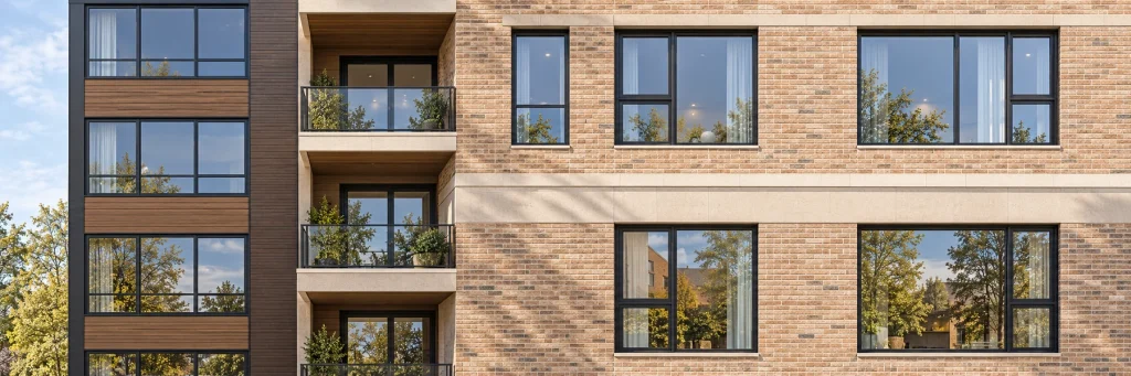 Architectural close view of the window rhythm on a contemporary brick apartment facade, slim dark aluminium window frames and natural reflections