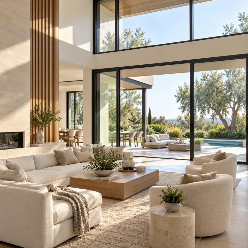 Calm naturally lit living room with tall dark-frame picture windows