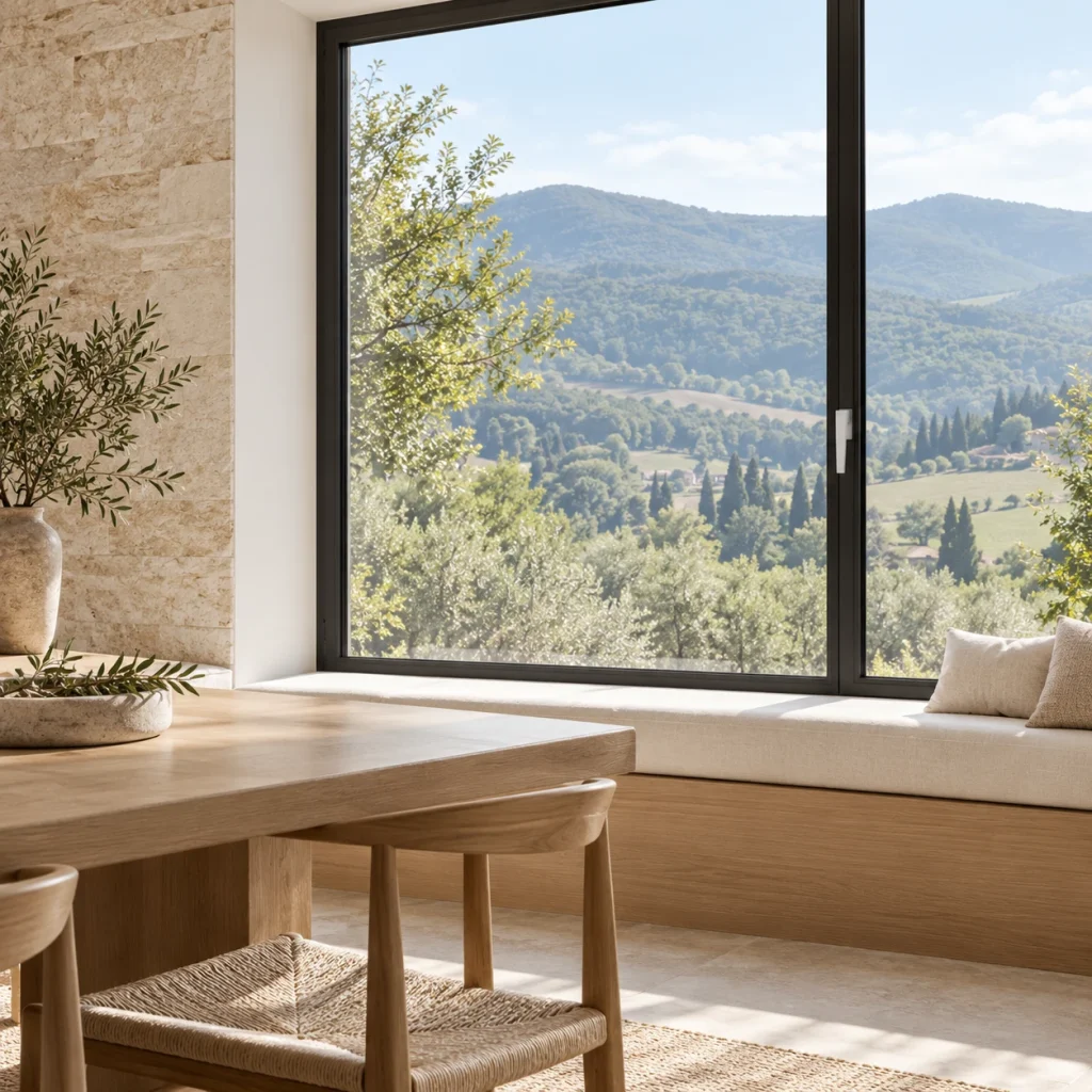 Calm close interior view of a slim charcoal casement window opening to a green mountain valley