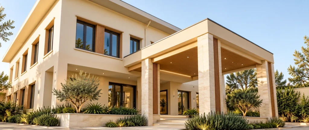 Two-storey warm cream villa with a shaded entrance porch and rectangular dark aluminium windows