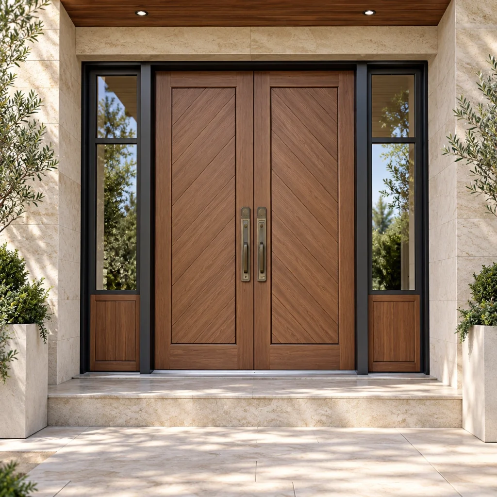 Close architectural view of timber double entry doors and narrow glazed sidelights