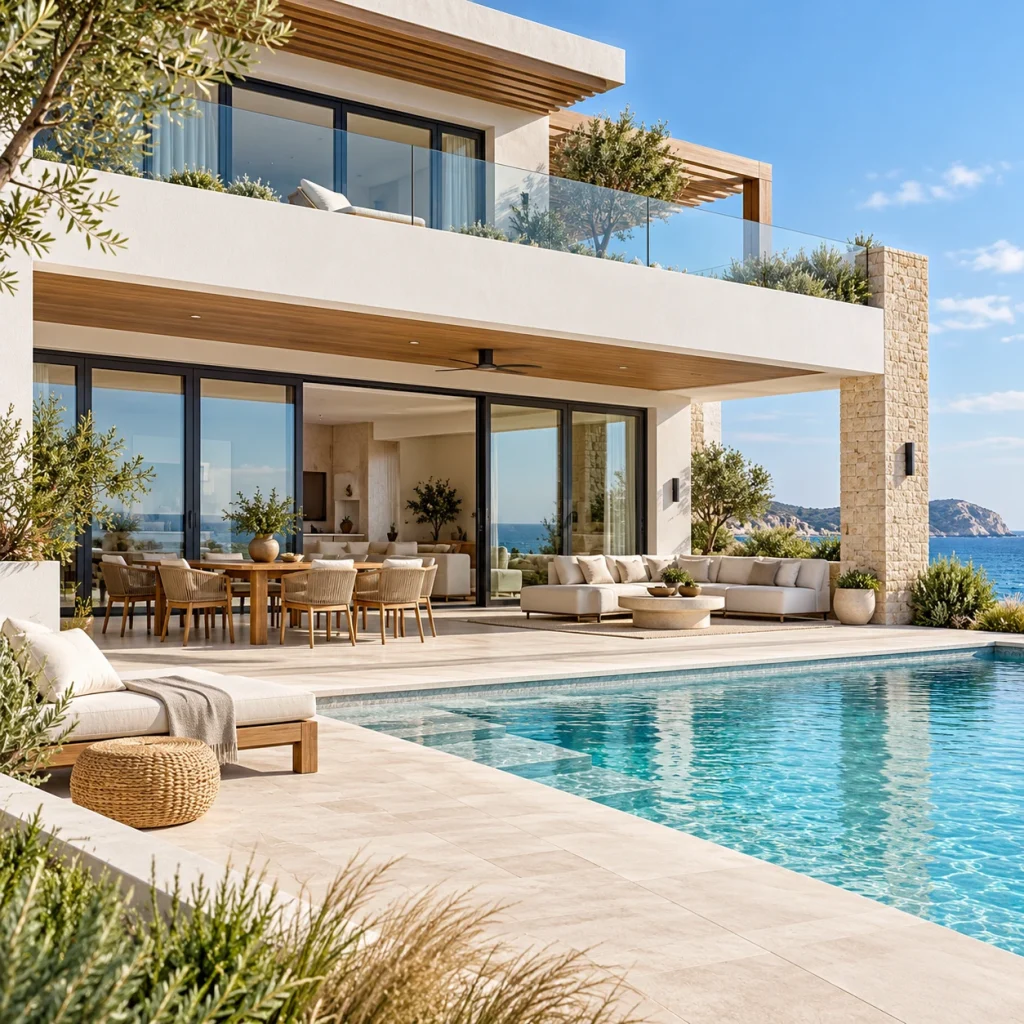 Contemporary white seaside villa with large sliding glazing and pool