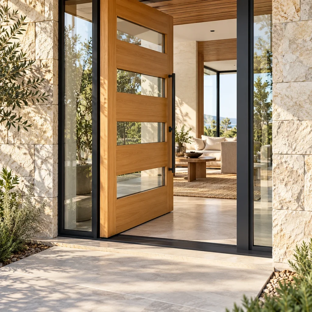 Timber pivot entrance door in a stone-clad wall