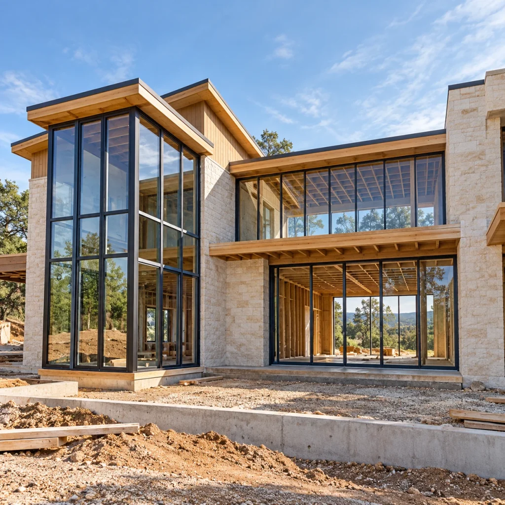 Timber-frame modern house during glazing installation
