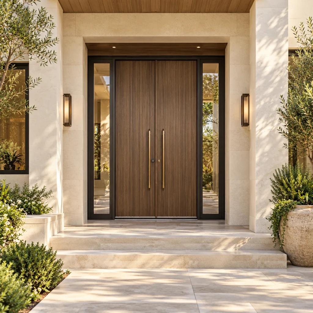 Tall timber double entry door with sidelights and pale classical stone surround