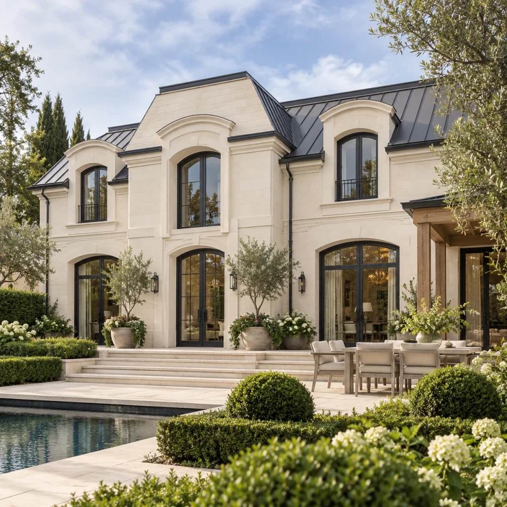 Traditional French-inspired pale stone home with arched windows and slate roof