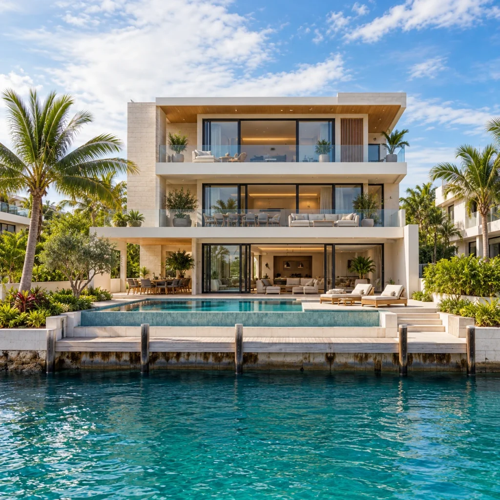 Three-storey coastal villa on the waterfront with broad sliding glazing