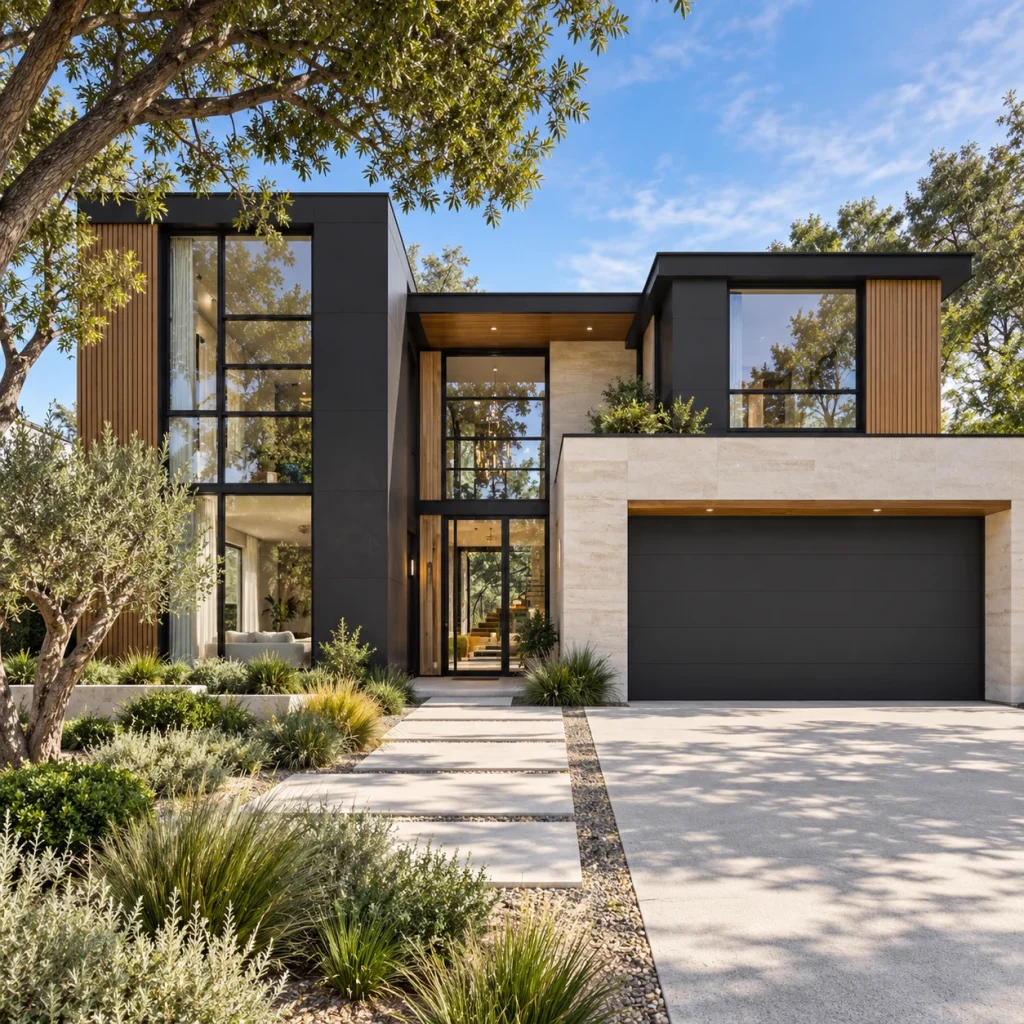 Contemporary black and timber two-storey house with full-height windows and a white garage