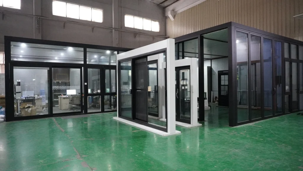 Full-size window and door displays at the ENGGIA factory