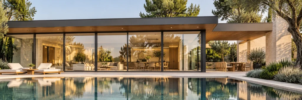 A modern single-storey pavilion opening to a terrace through broad lift-and-slide glass doors