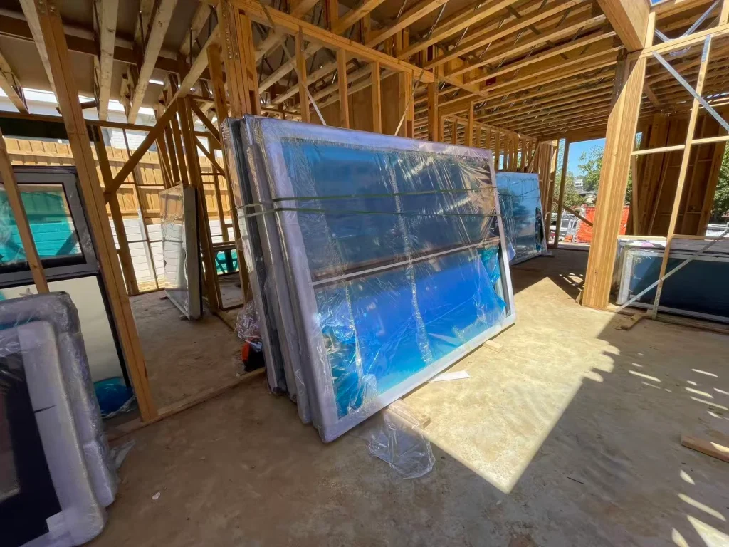 Wrapped glazed unit awaiting installation