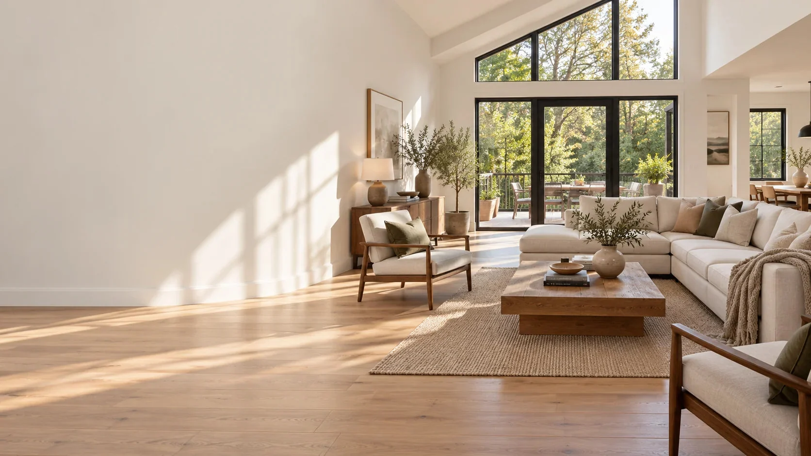 Illustrative living space with large windows opening to the garden